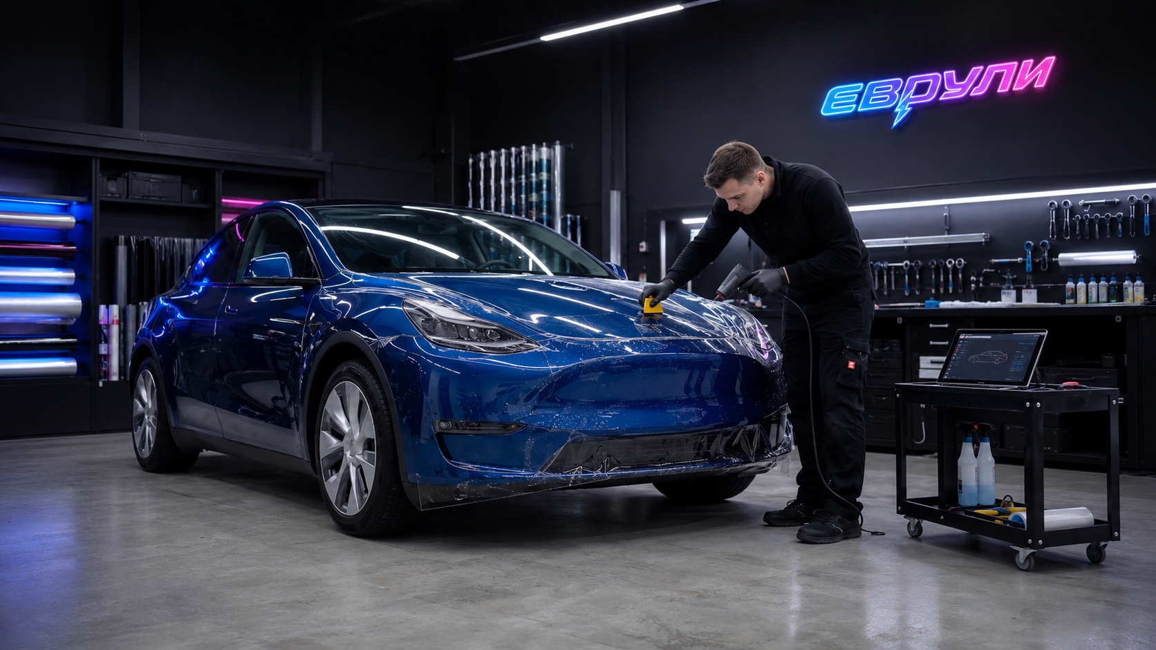 Оклейка антигравийной пленкой Tesla